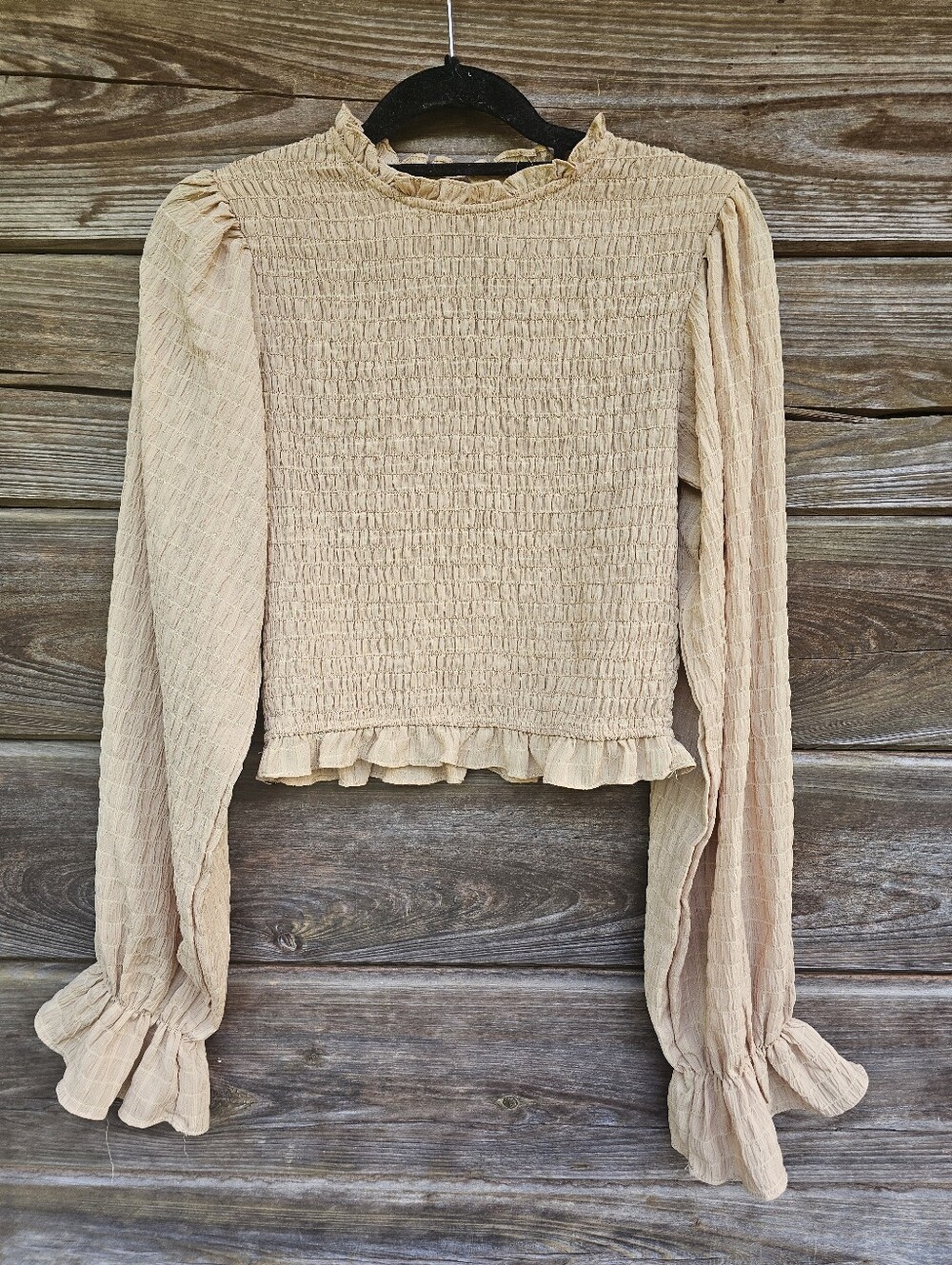 HYFVE Beige Smocked Long Sleeve Ruffle Crop Blouse Size Large